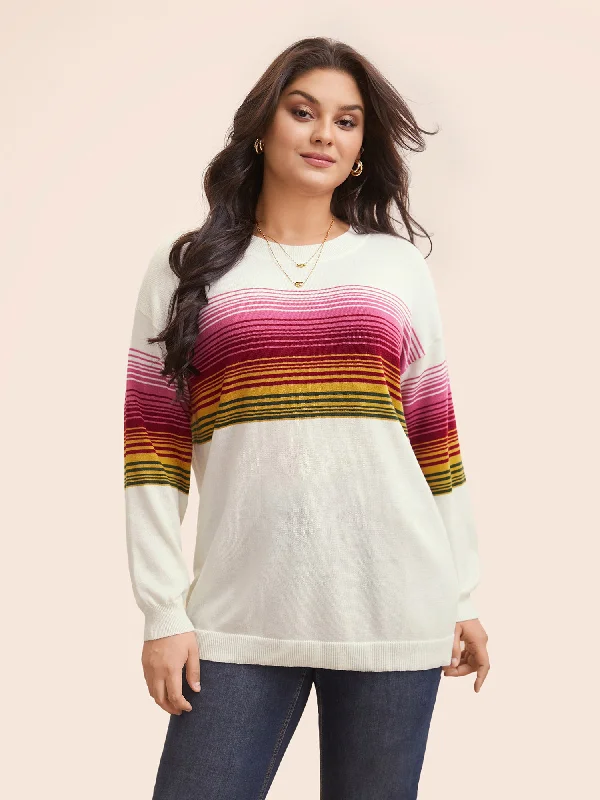 Round Neck Colored Striped Drop Shoulder Pullover