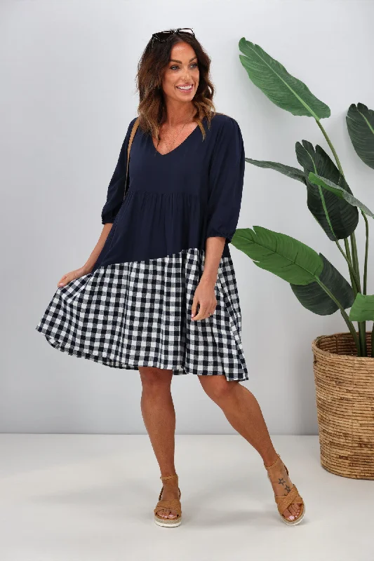 Silver Wishes Gingham Contrast Angle Tiered Dress  Navy