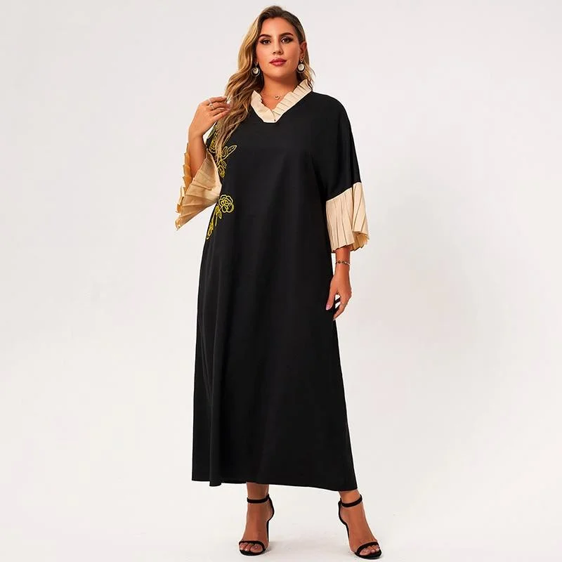 FashionSierra - New Summer Midi Dress Women Plus Size Black Loose Floral Embroidery Petal Collar Stitching 3/4 Sleeve Large Elegant Robes