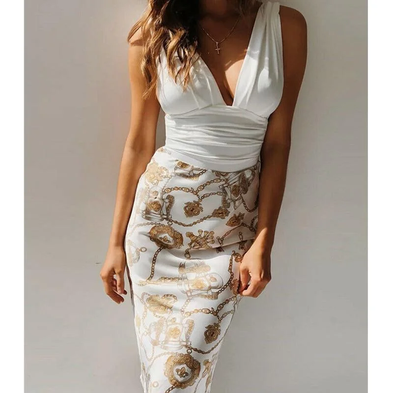 FashionSierra - Women's Sexy Deep V Neck Ruched Floral Patch Midi Dress 2019 Fashion Ladies Sleeveless Bodycon Evening Party Pencil Dress